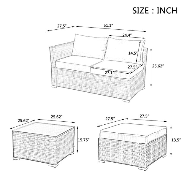 Patio Furniture, Outdoor Furniture, Seasonal PE Wicker Furniture, 4 Set Wicker Furniture With Tempered Glass Coffee Table